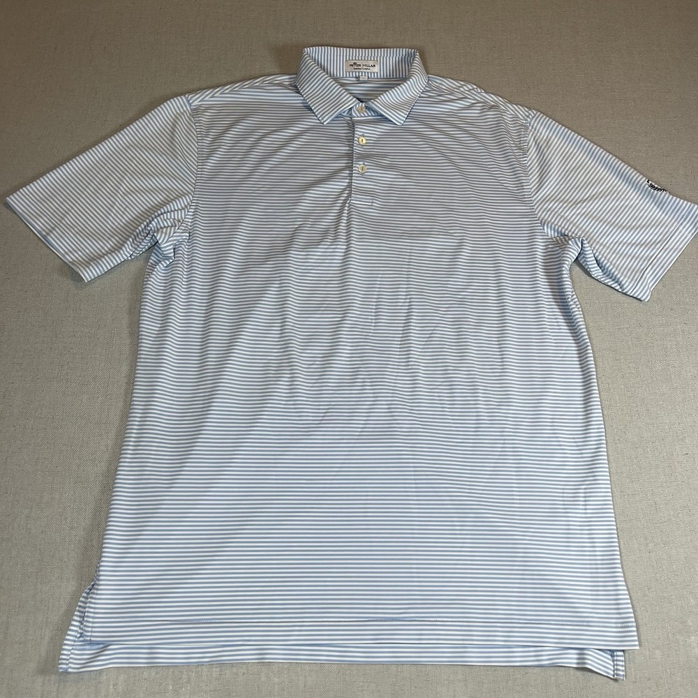 Peter Millar Men's Light Blue Striped Summer Comfort Golf Polo Shirt L *FLAW* - Picture 2 of 9